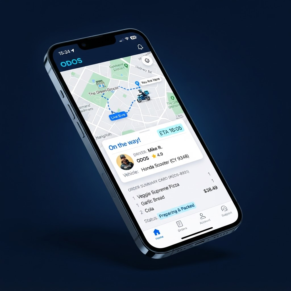 ODOS mobile app showing live delivery order tracking